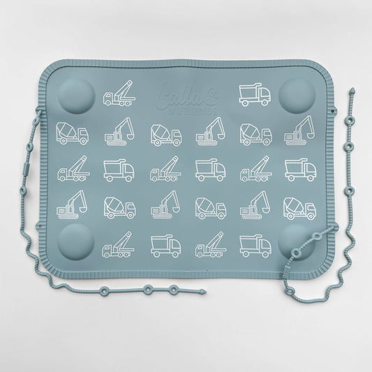 The Tidy Traveler - Printed Placemat Set: Powder Blue Trucks & Diggers