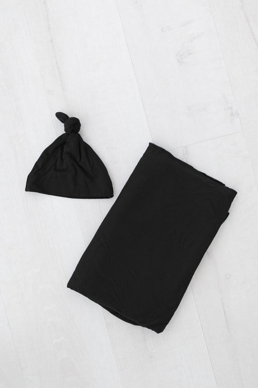 Newborn Swaddle & Receiving Blanket with Hat: Black