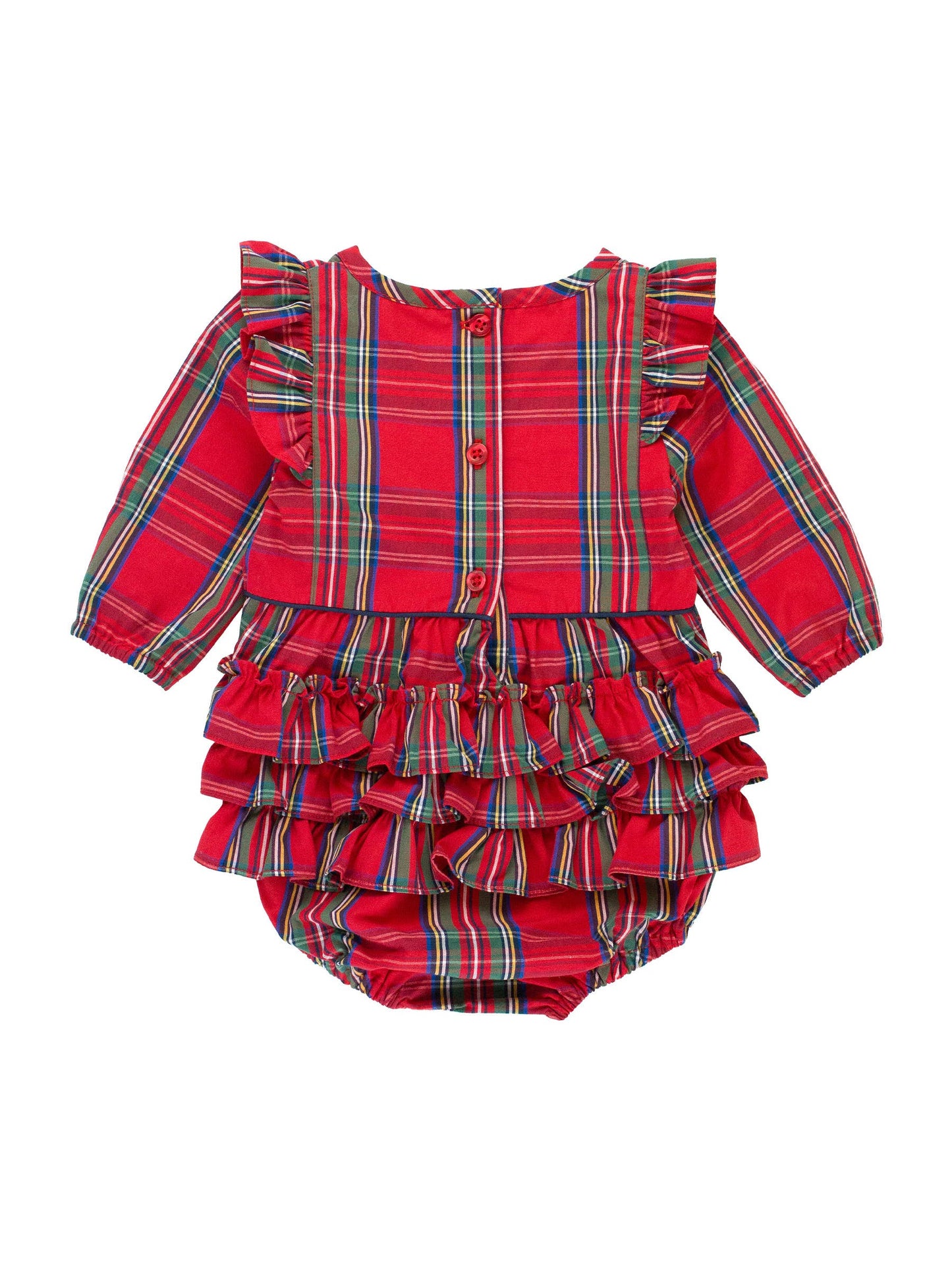 Baby Girls Tis The Season Plaid Long Sleeve Ruffle Trim Bubble Romper: Red