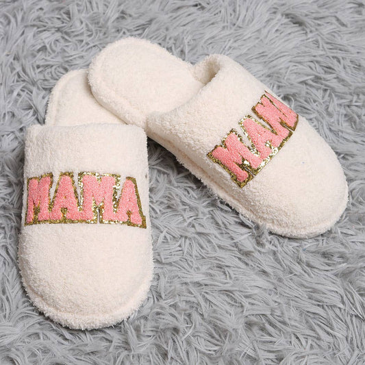 MAMA Chenille Patched Home Slippers: WHITE