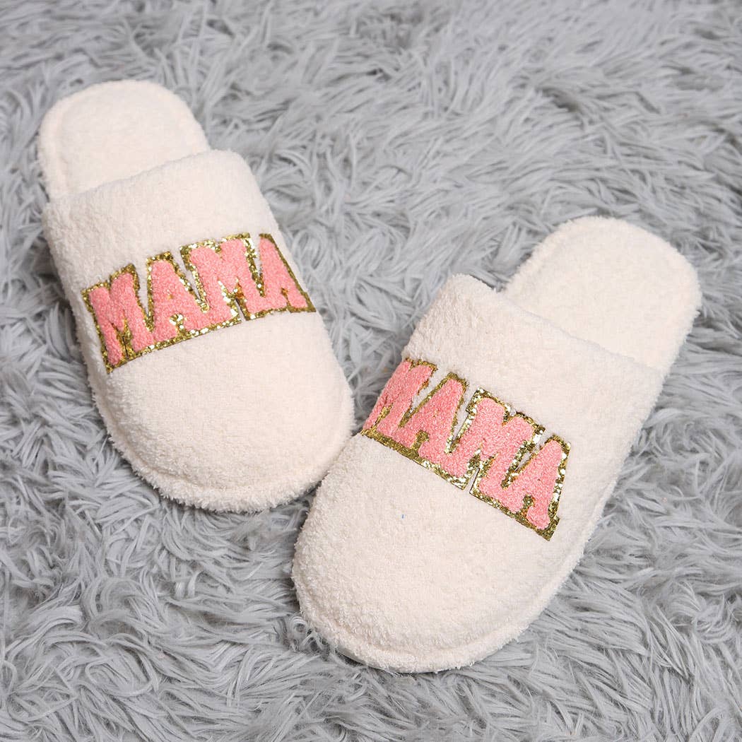 MAMA Chenille Patched Home Slippers: WHITE