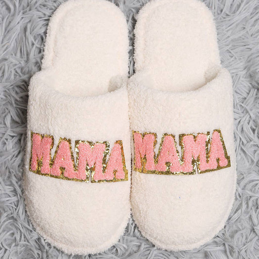 MAMA Chenille Patched Home Slippers: WHITE