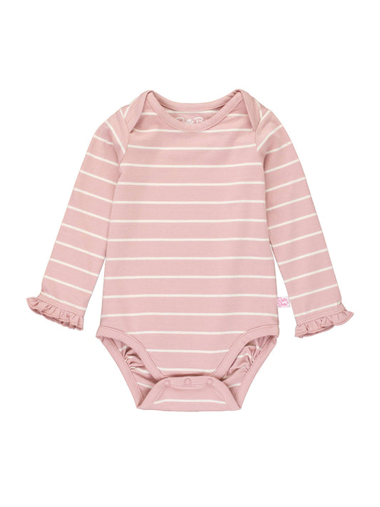 Mauve and Ivory Stripe Knit Long Sleeve Ruffle Bodysuit