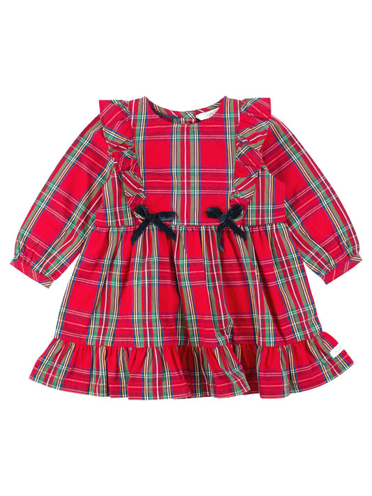 Girls Tis The Season Plaid Ruffle Bow Dress: Red