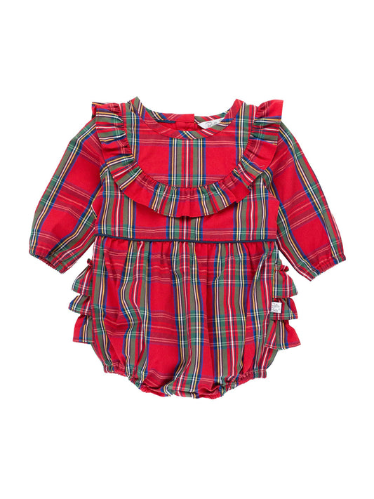 Baby Girls Tis The Season Plaid Long Sleeve Ruffle Trim Bubble Romper: Red