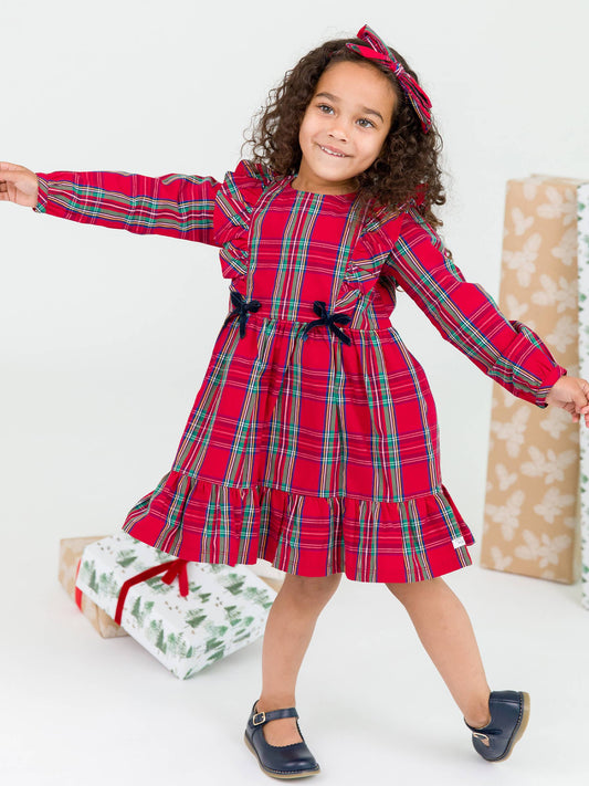 Girls Tis The Season Plaid Ruffle Bow Dress: Red