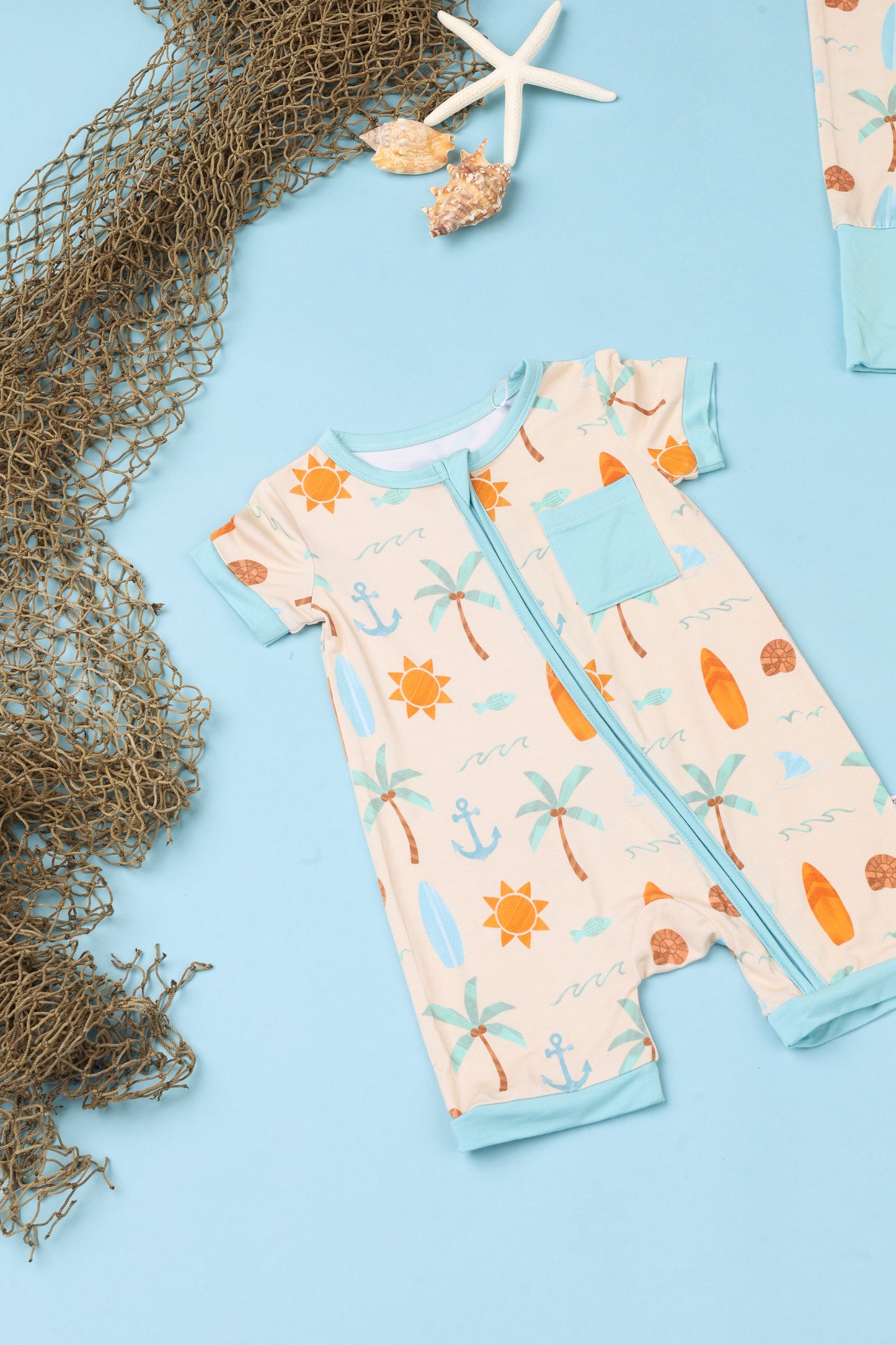 Chasing Waves Surfboard Bamboo Baby Shortie Romper