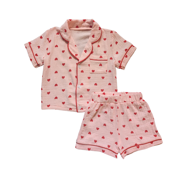 Pink Hearts Linen PJ Short Set