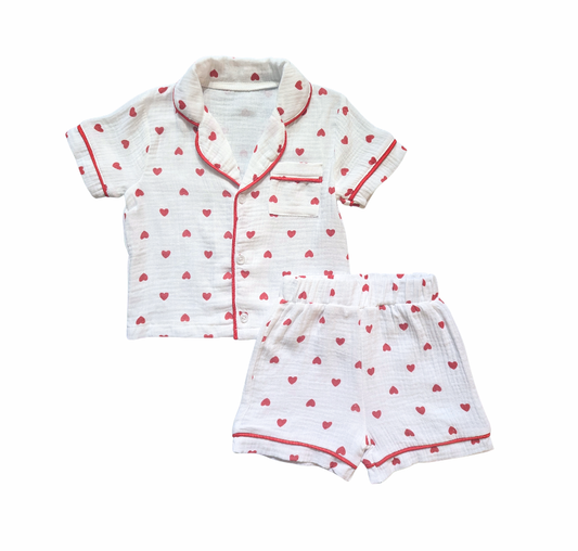 White Hearts Linen PJ Short Set