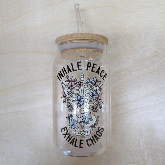 Inhale Peace, Exhale Chaos Glass Iced Coffee Cup with Glass Straw