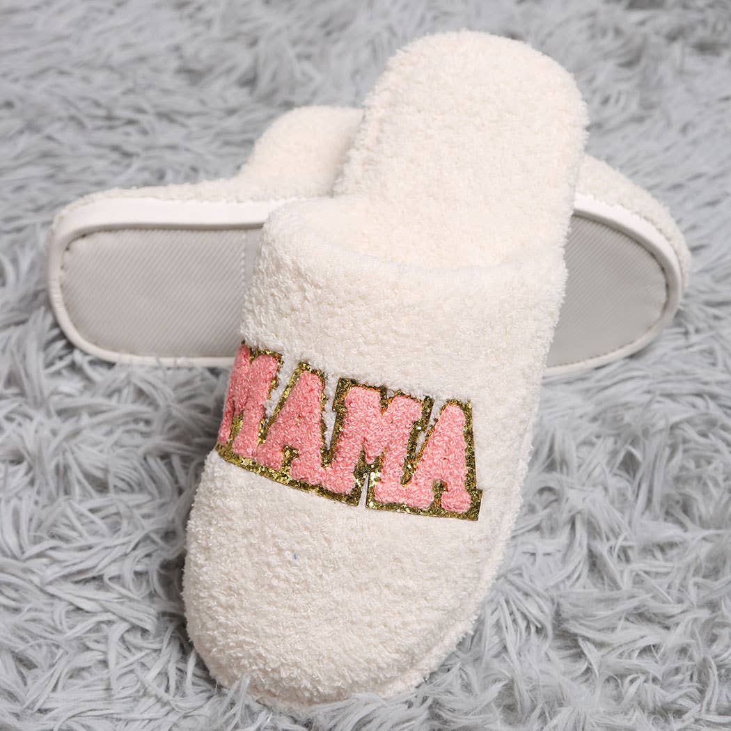 MAMA Chenille Patched Home Slippers: WHITE