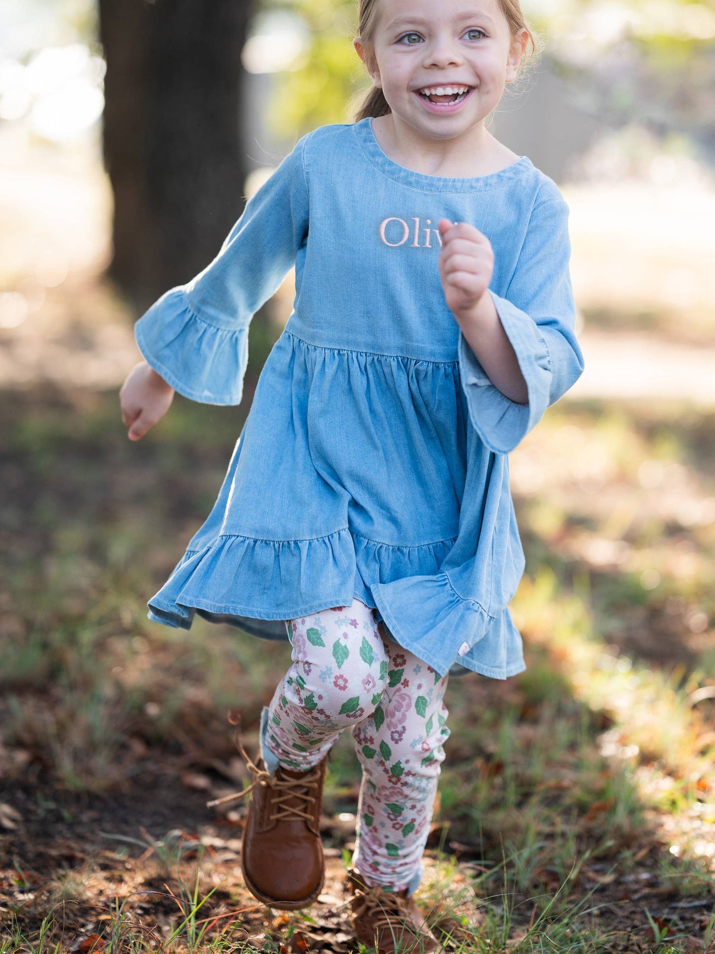 Girls Light Wash Stretch Denim High Low Ruffle Tunic