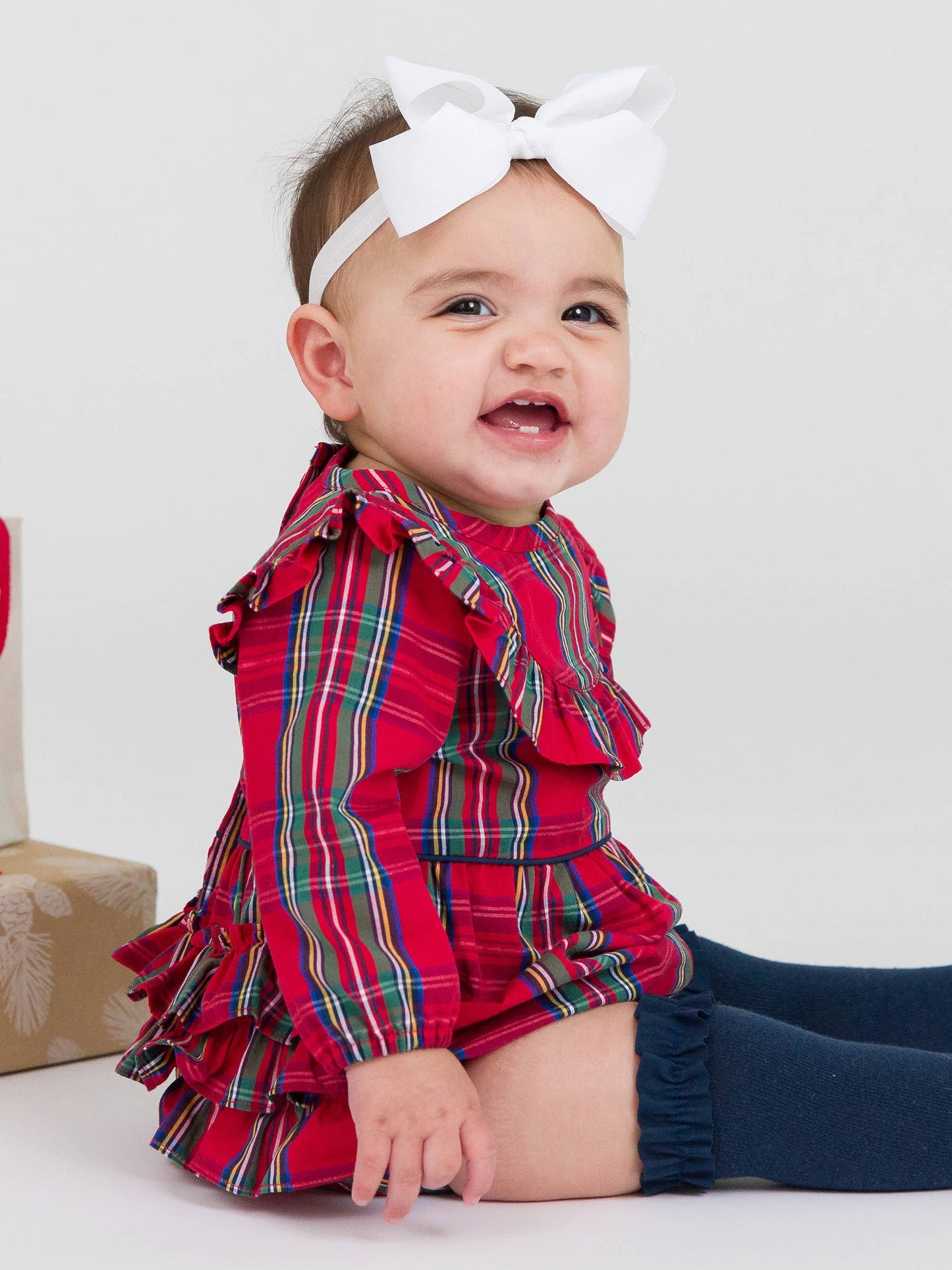 Baby Girls Tis The Season Plaid Long Sleeve Ruffle Trim Bubble Romper: Red