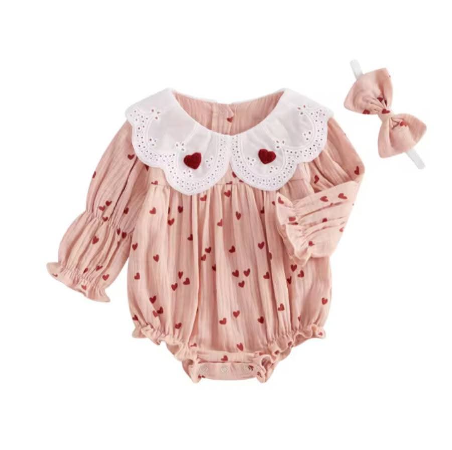 Love Smocked Collared Romper with Bow Headband