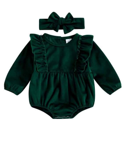 Green Ribbed Velvet Infant Girls Ruffle Romper with Bow