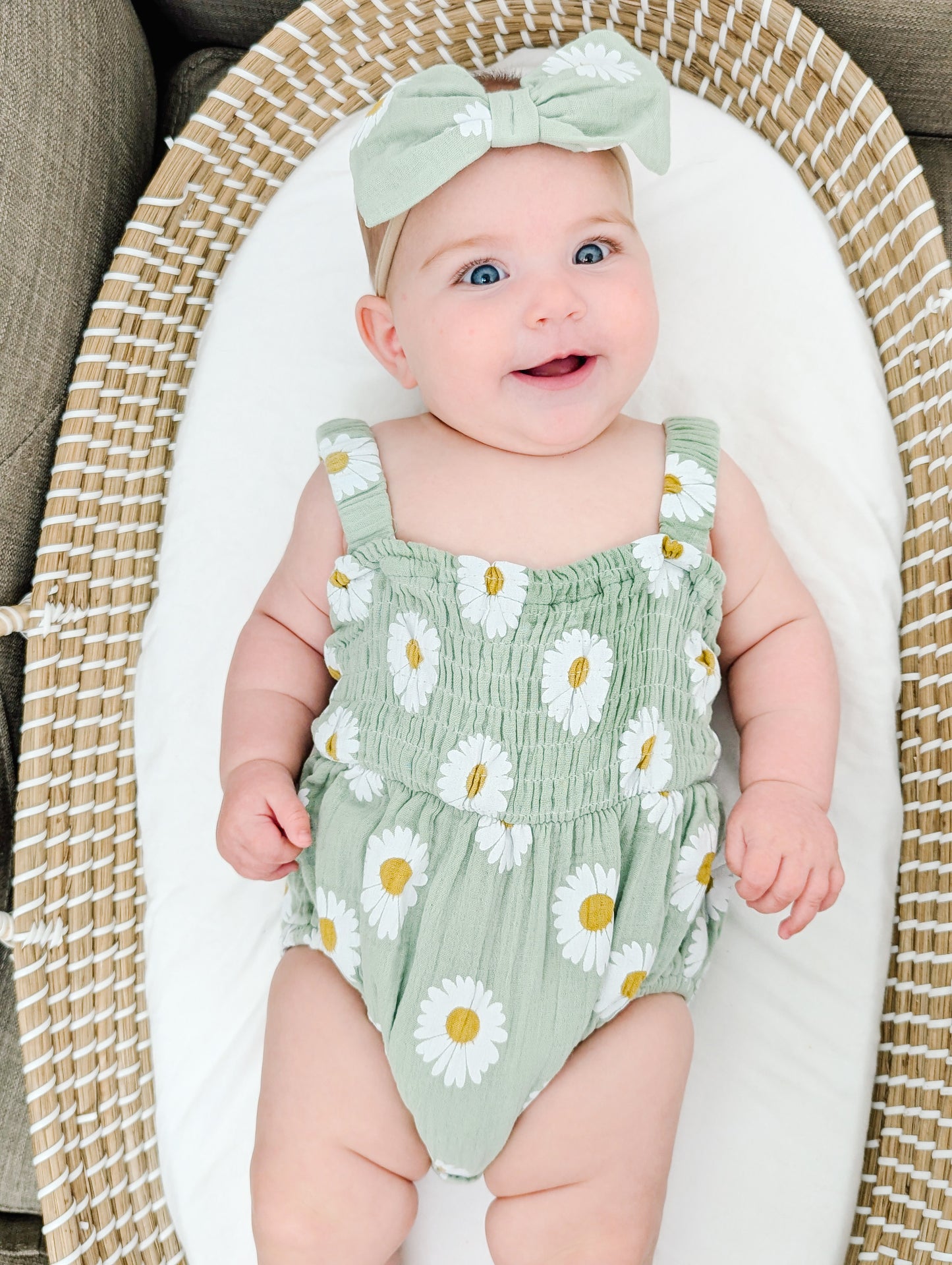 Green Daisies Smocked Romper & Bow