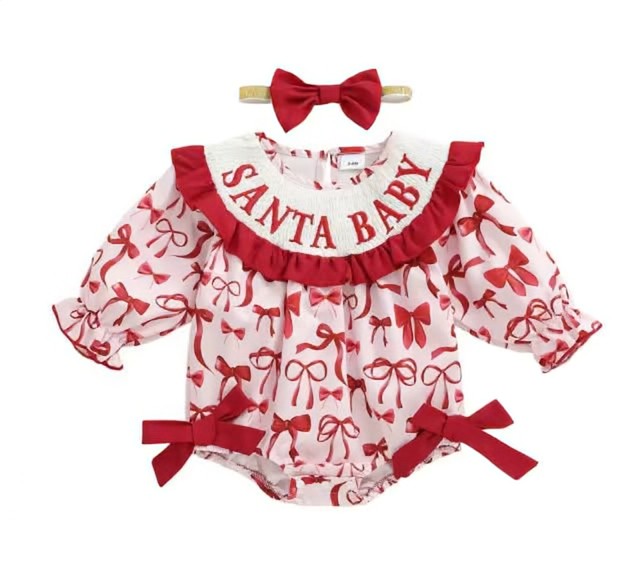 Santa Baby Girl's Smocked Romper with Bow Headband