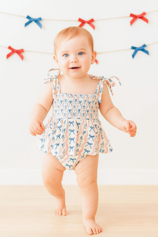 Amelia Bow Smocked Twirl Bamboo Romper