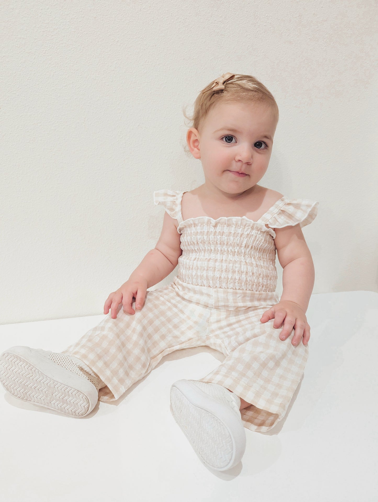 Girl's Beige Gingham Ruffle Jumpsuit