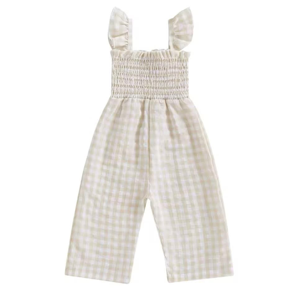 Girl's Beige Gingham Ruffle Jumpsuit