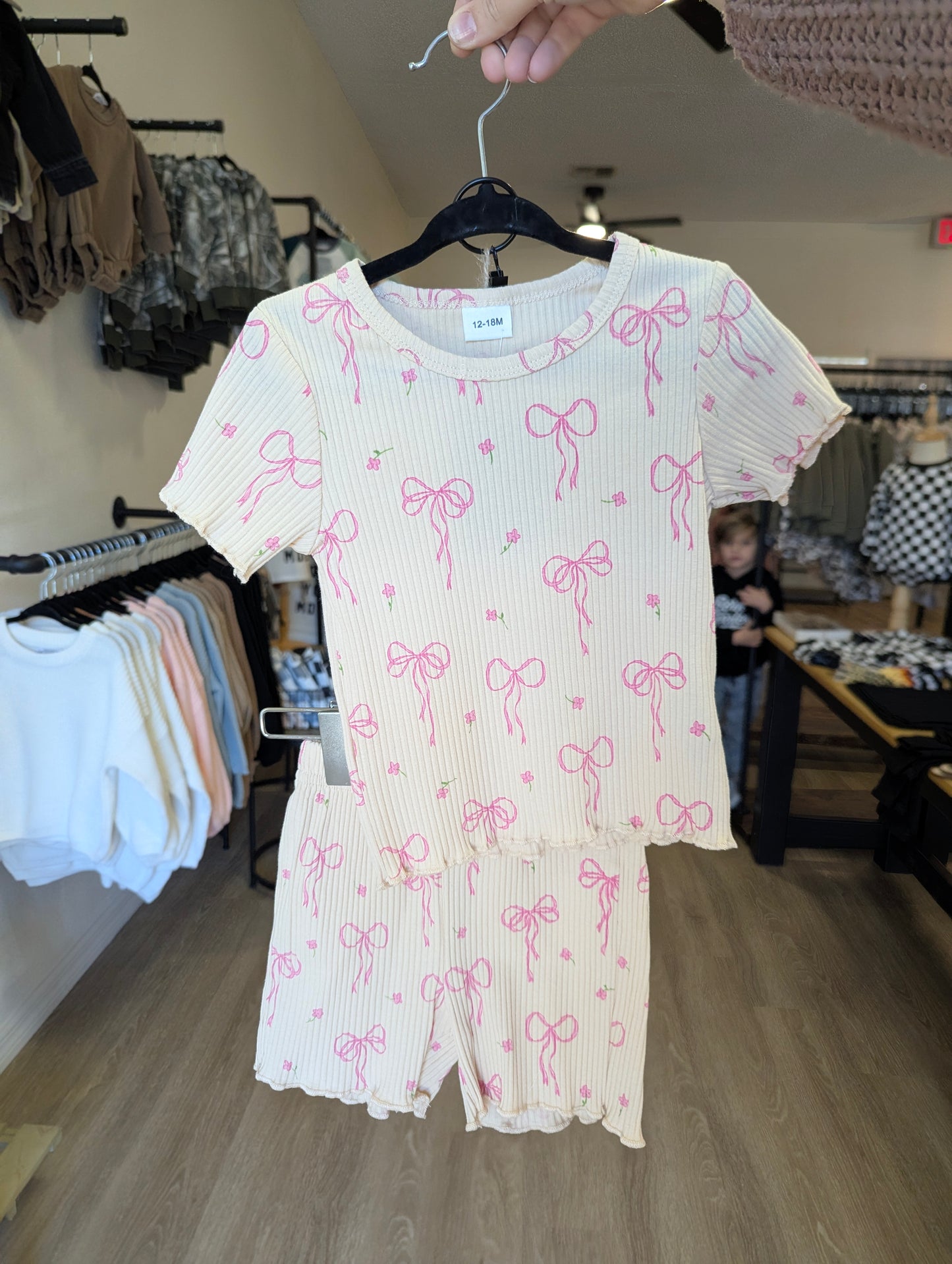 Coquette Beige Bows Ribbed Short Set - Girls