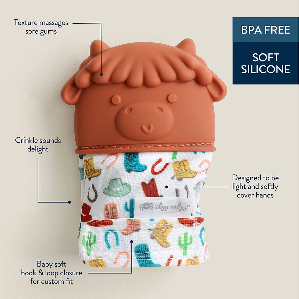 Itzy Mitt Silicone Teething Mitts: Highland Cow