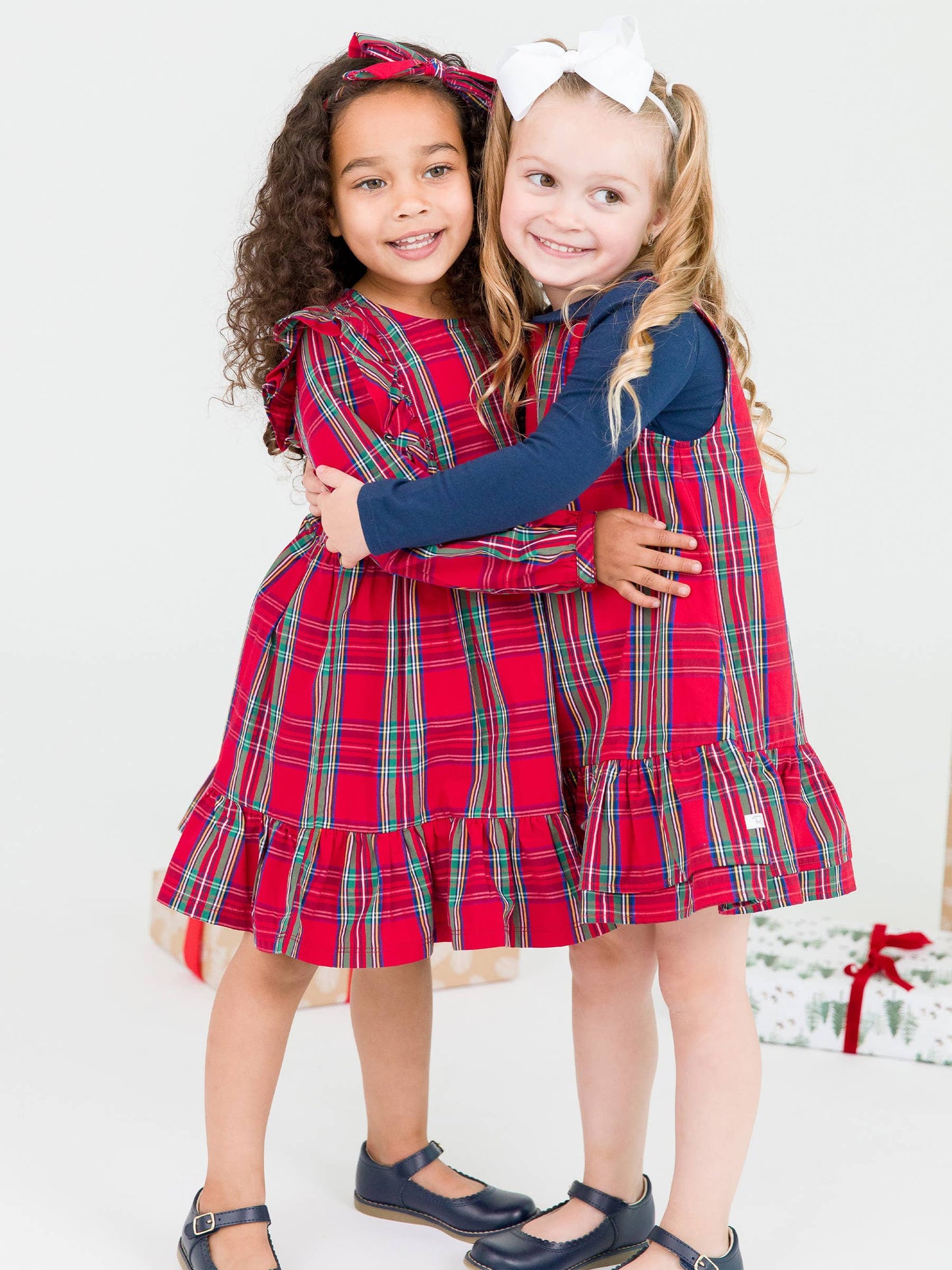 Girls Tis The Season Plaid Ruffle Bow Dress: Red