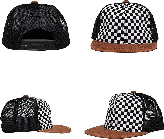 Checker & Faux Leather Brim Snapback Hat - Kids