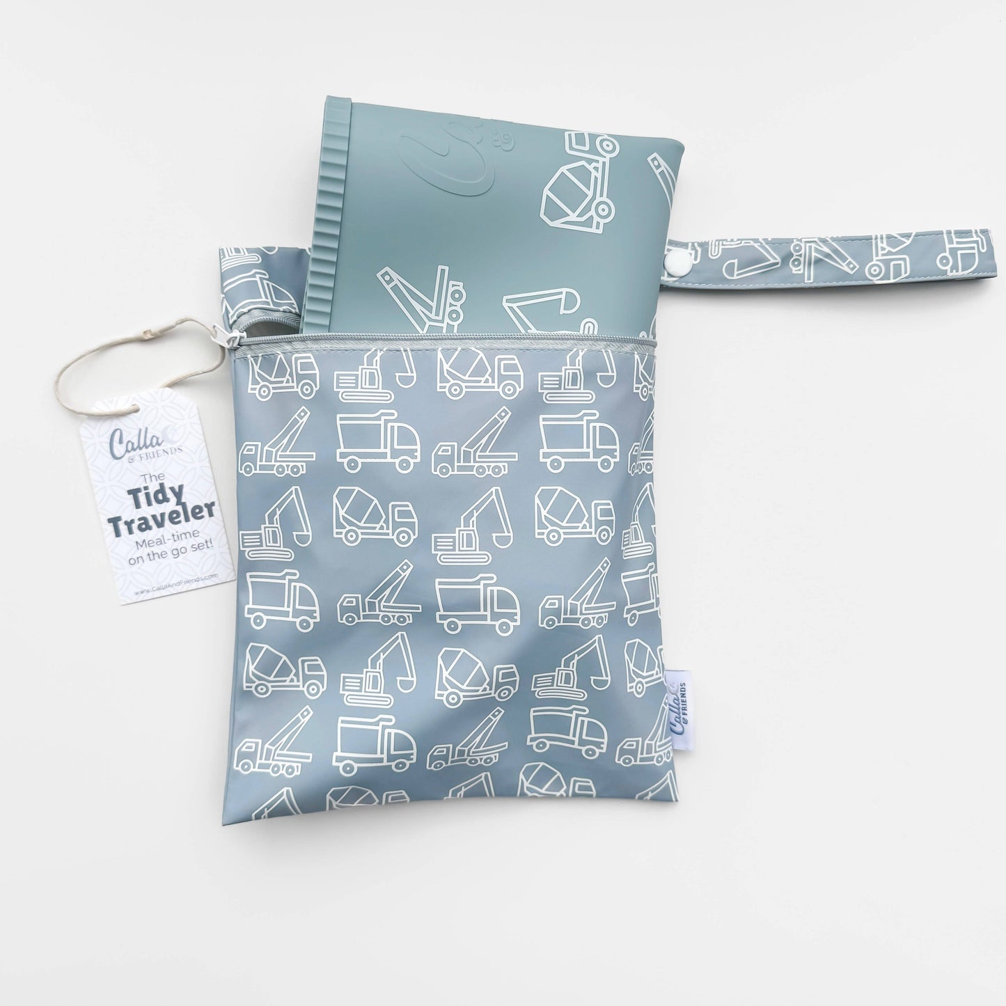 The Tidy Traveler - Printed Placemat Set: Powder Blue Trucks & Diggers