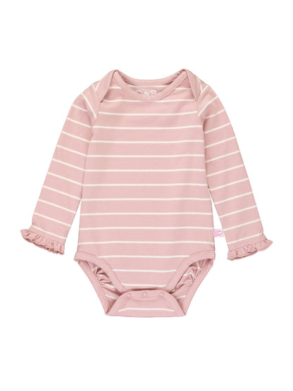 Mauve and Ivory Stripe Knit Long Sleeve Ruffle Bodysuit