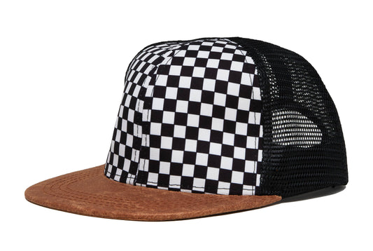 Checker & Faux Leather Brim Snapback Hat - Kids