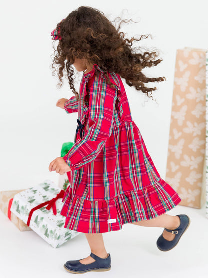 Girls Tis The Season Plaid Ruffle Bow Dress: Red