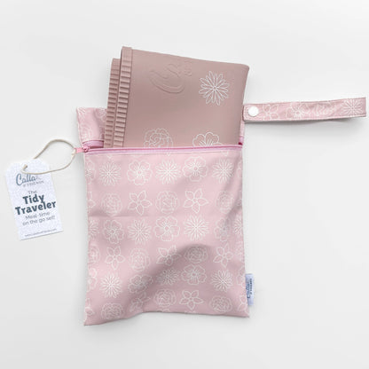 The Tidy Traveler - Petal Pink Blossom Printed Placemat Set with Travel Bag