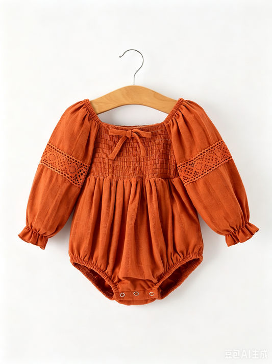 Fall Baby Girls Rust Smocked Lace Trim Bubble Romper