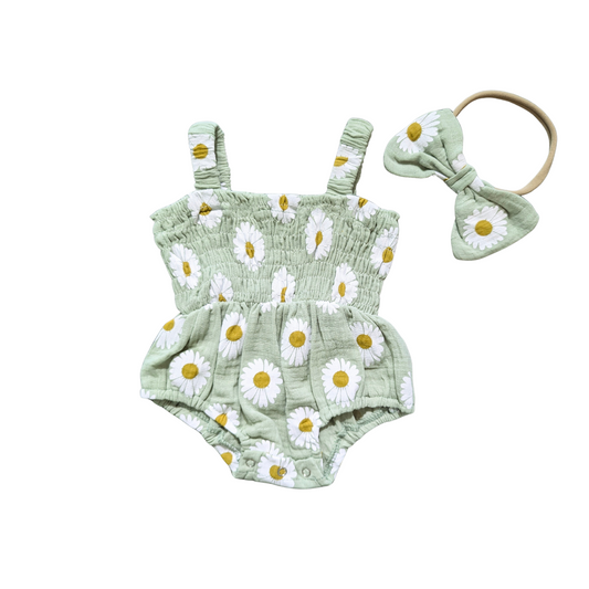 Green Daisies Smocked Romper & Bow