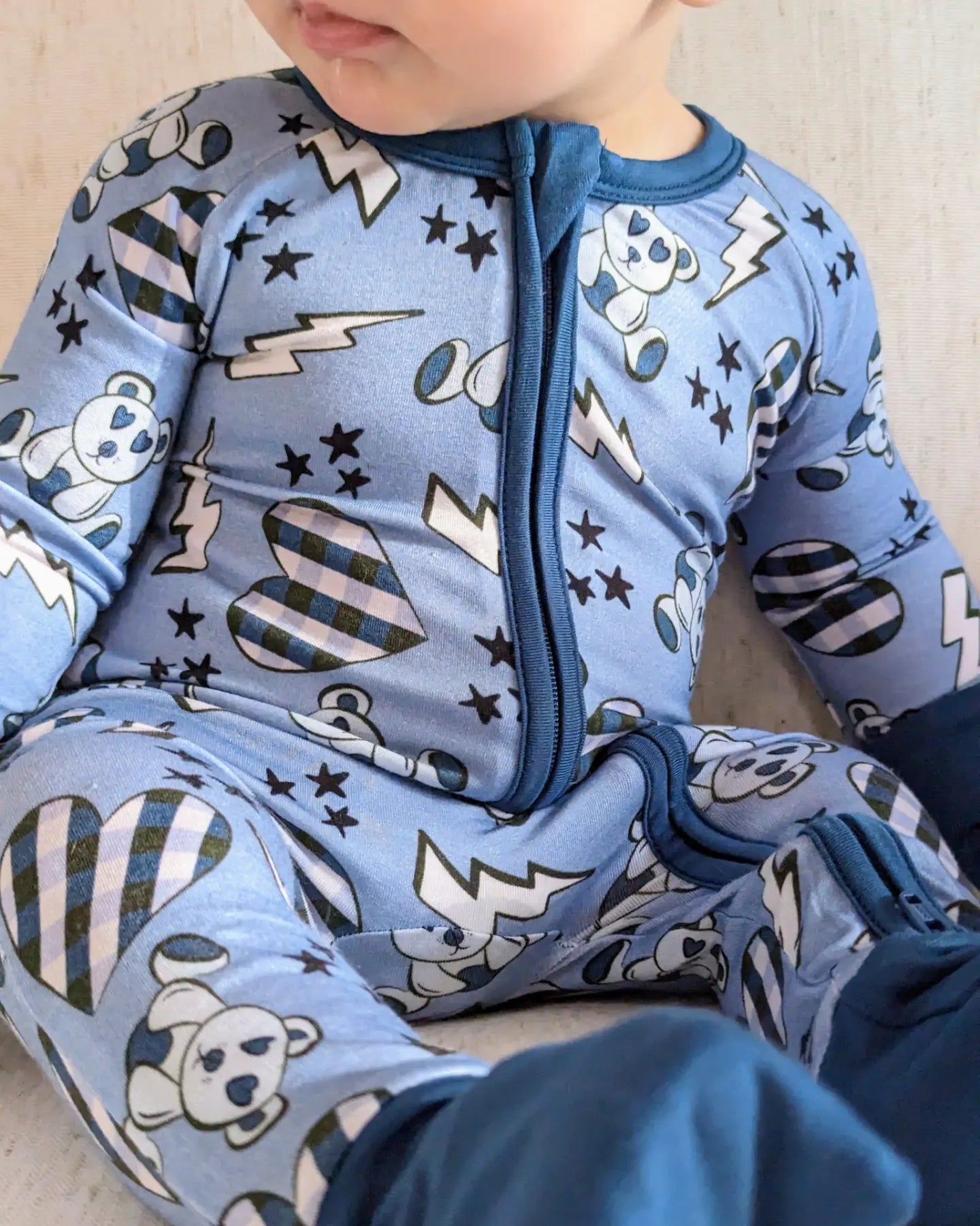 Beary Blue Zipper Bamboo Romper Footie