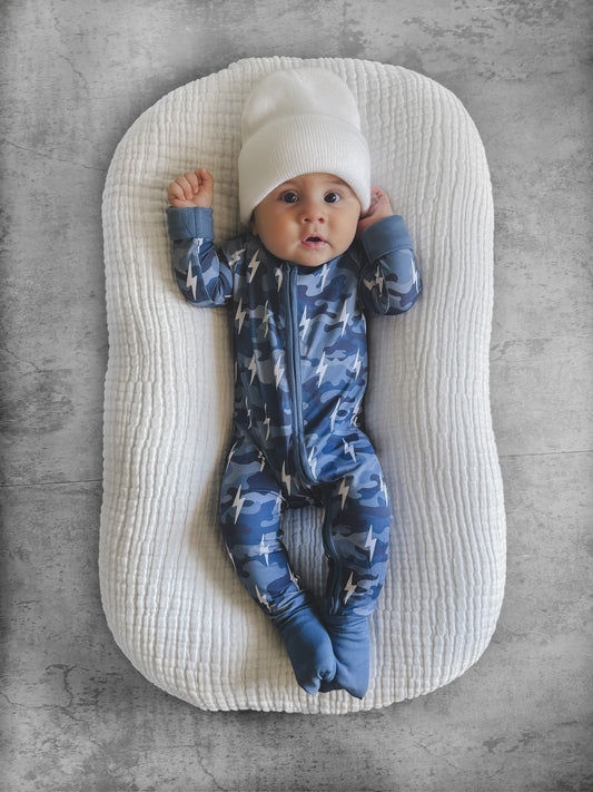 Bamboo Zip Romper | Blue Camo Bolts - COLLECTIVE