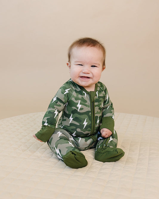 Bamboo Zip Romper | Green Camo Bolts - COLLECTIVE