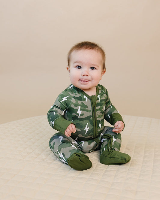 Bamboo Zip Romper | Green Camo Bolts - COLLECTIVE