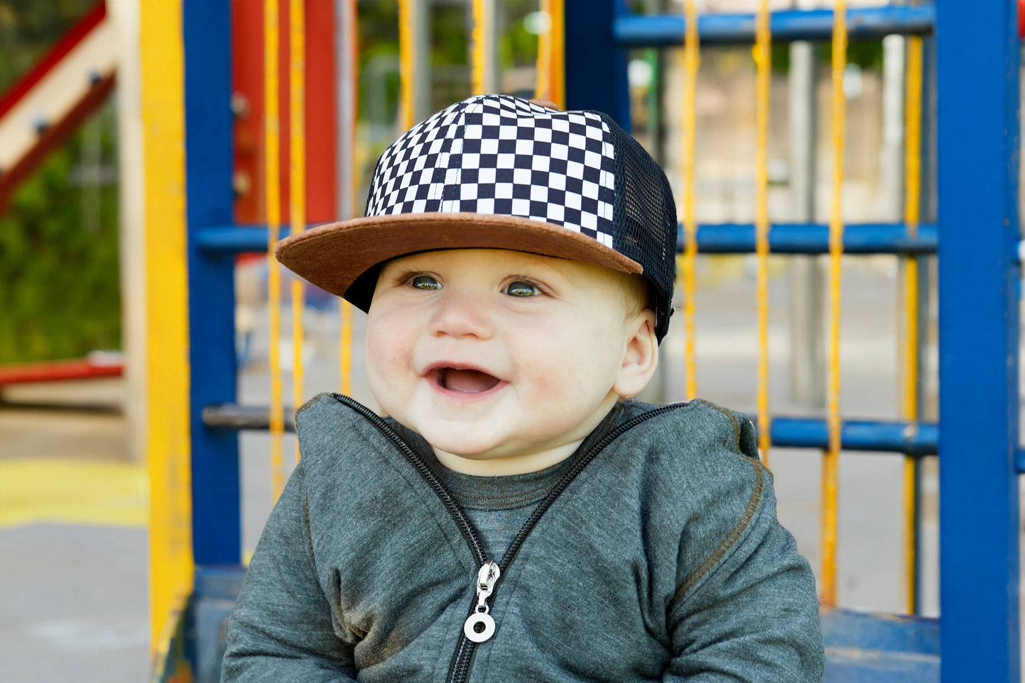 Checker & Faux Leather Brim Snapback Hat - Kids