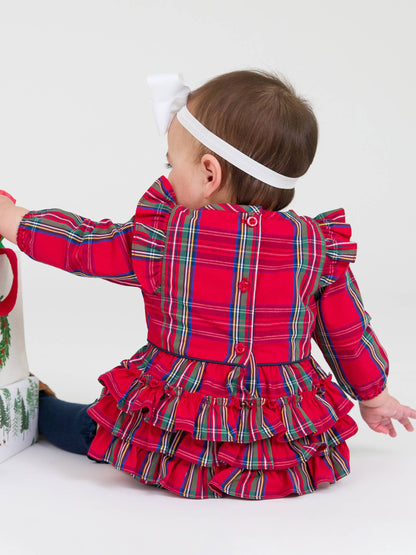 Baby Girls Tis The Season Plaid Long Sleeve Ruffle Trim Bubble Romper: Red