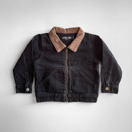 Kids Black denim utility jacket with brown collar