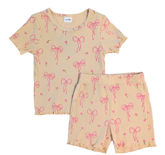 Coquette Beige Bows Ribbed Short Set - Girls