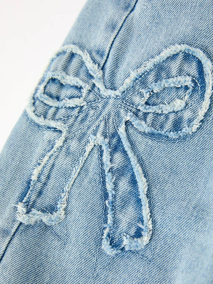 Girls Light Wash Bow Relaxed Denim Jeans