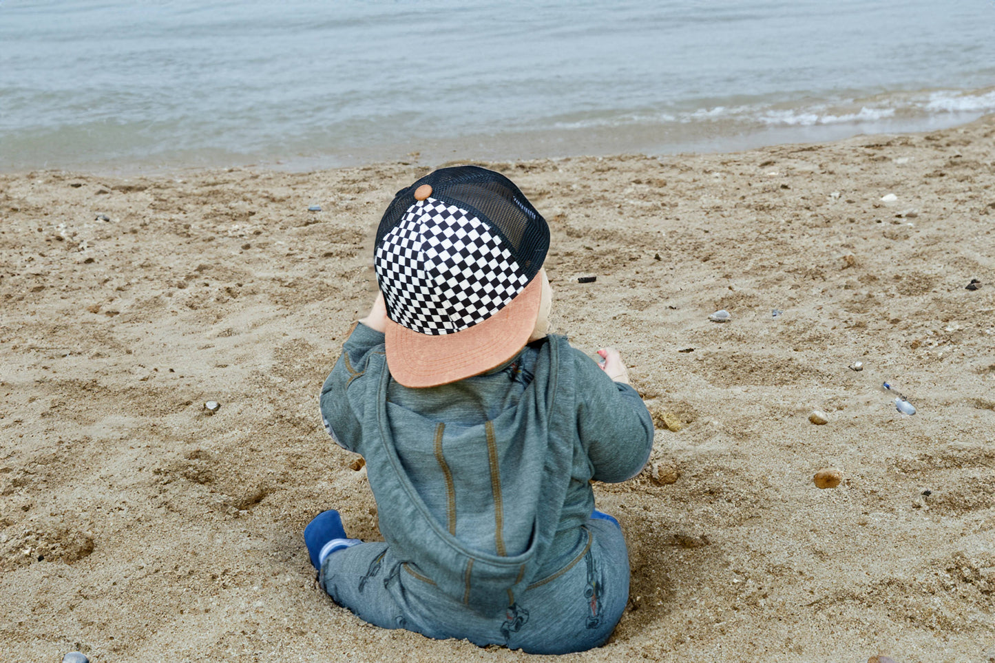 Checker & Faux Leather Brim Snapback Hat - Kids