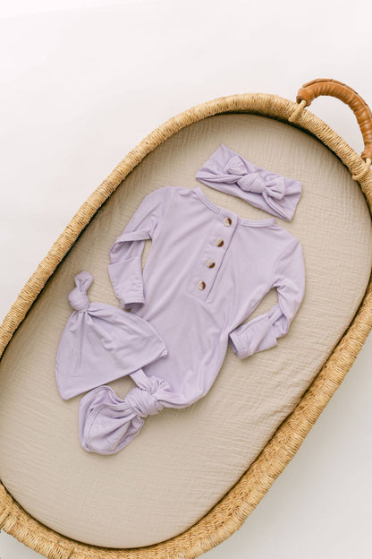 Newborn Knotted Baby Gown Headband & Hat Set: Lavender