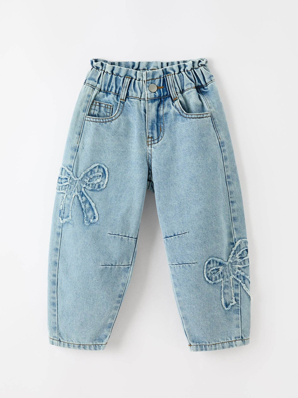 Girls Light Wash Bow Relaxed Denim Jeans