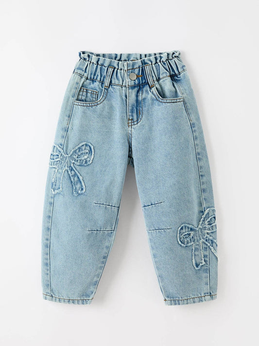 Girls Light Wash Bow Relaxed Denim Jeans