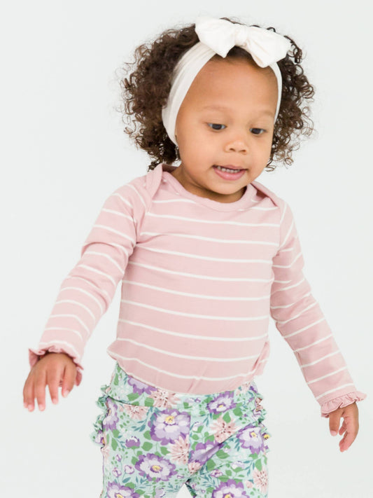 Mauve and Ivory Stripe Knit Long Sleeve Ruffle Bodysuit