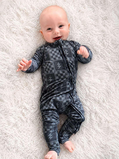 Charcoal Checks Bamboo Zipper Romper